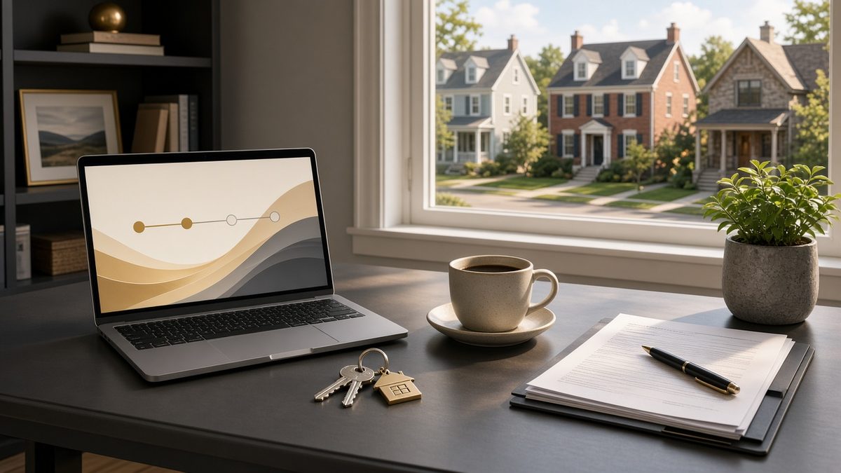 Best mortgage company guide: laptop with a mortgage application progress screen, house keys and paperwork on a desk overlooking a suburban street