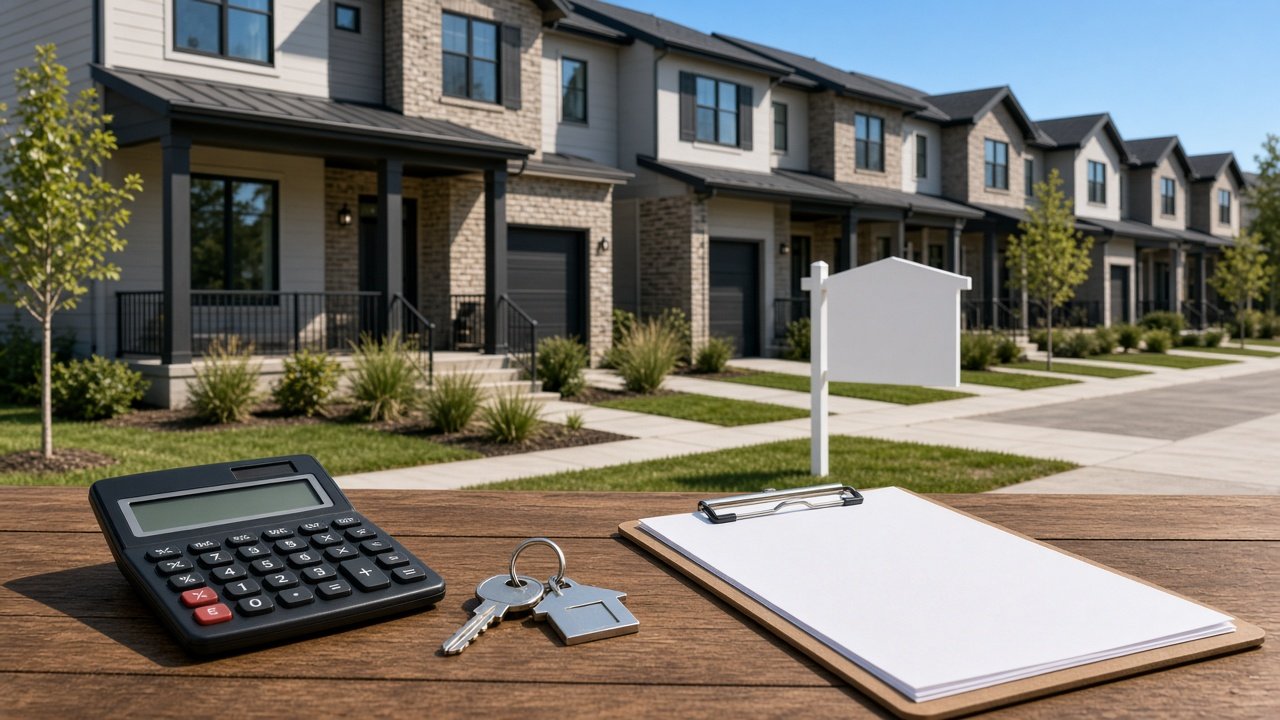 Row of rental townhomes with a calculator and keys on a table, illustrating a DSCR loan for investors
