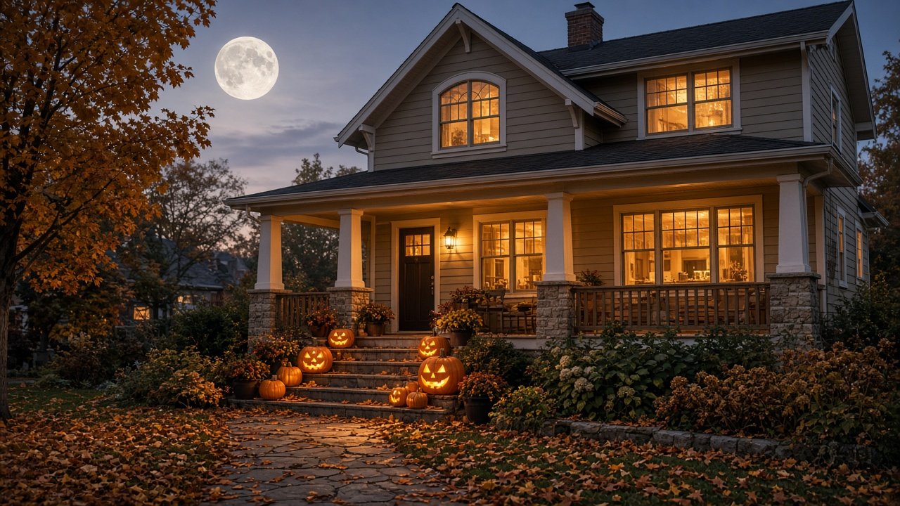 Cozy house at dusk with jack-o'-lanterns on the porch steps, for a Halloween mortgage myths post