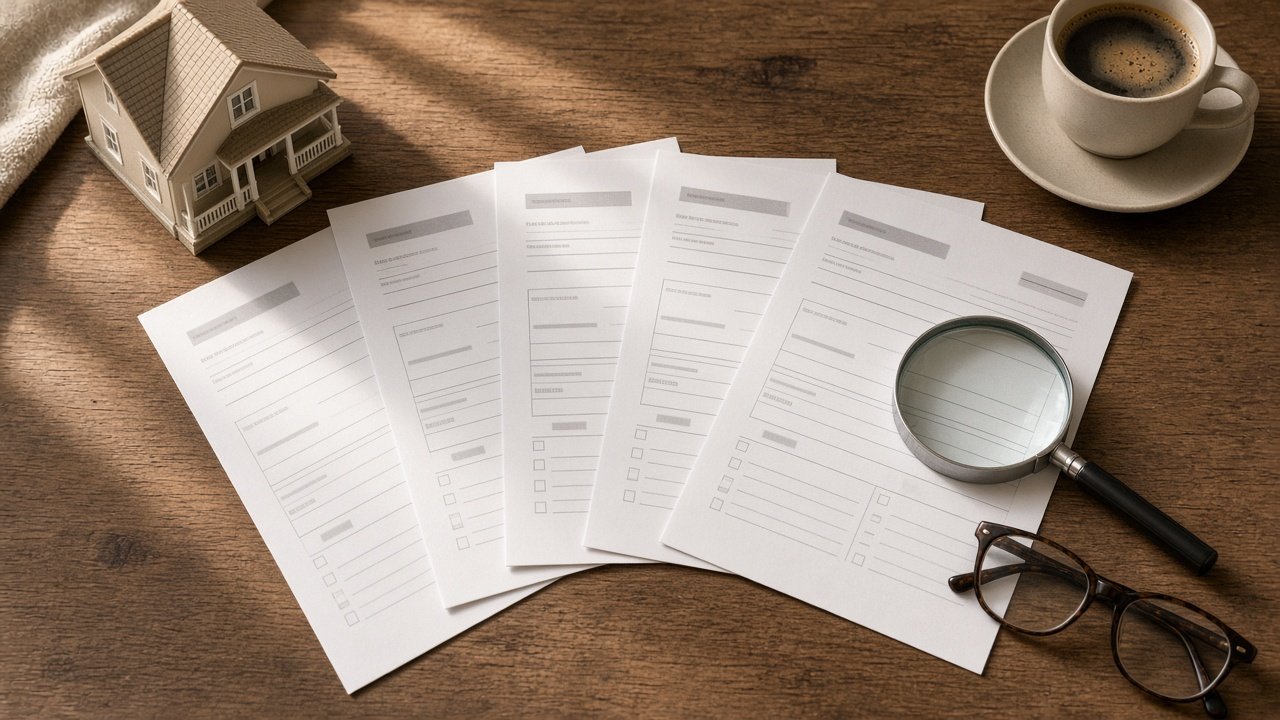 Several loan offer documents fanned out with a magnifying glass, comparing a mortgage broker vs bank