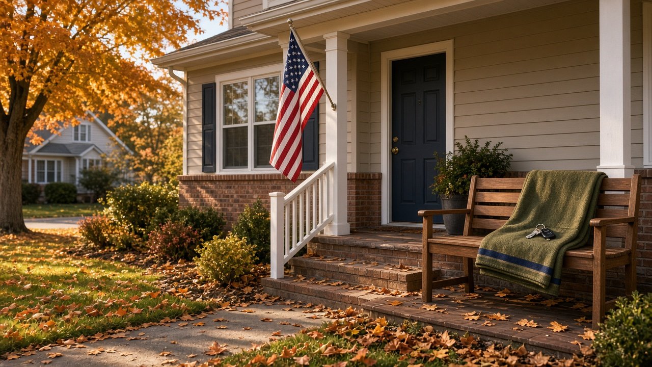 Suburban home with an American flag on the porch and autumn leaves, for a VA home loan guide