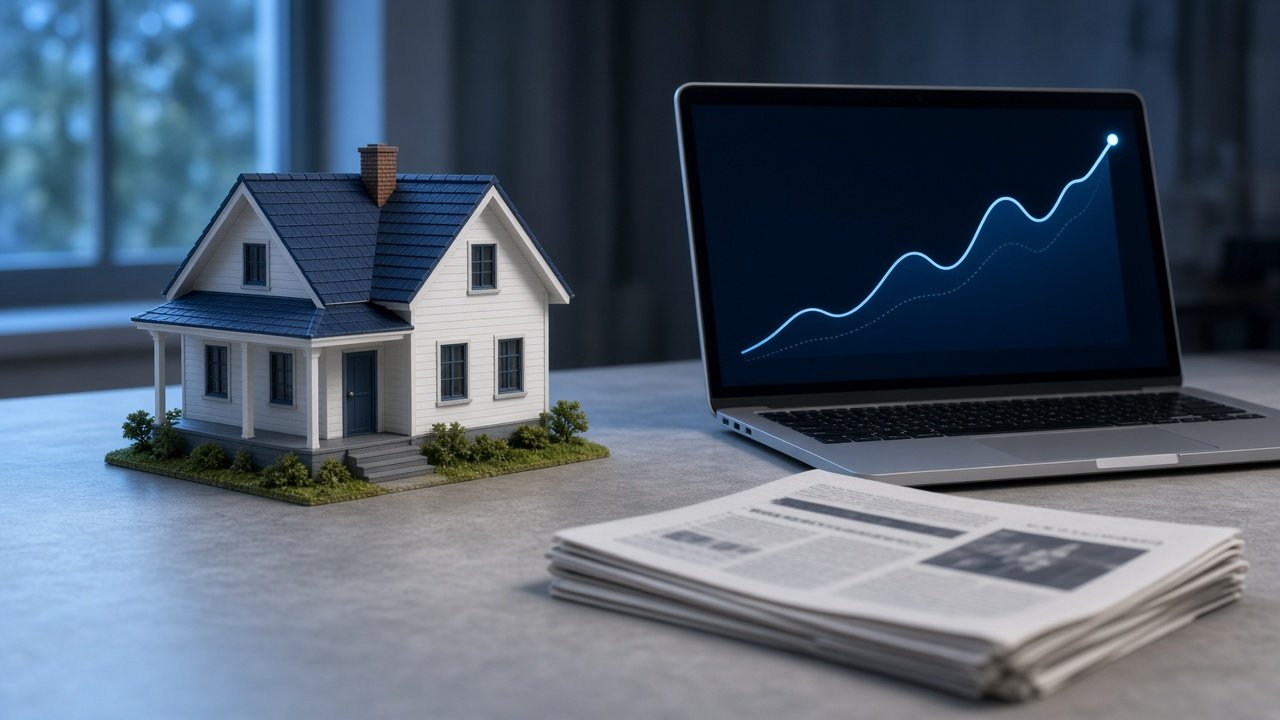 Model house beside a laptop showing a rising line graph, illustrating what moves mortgage rates