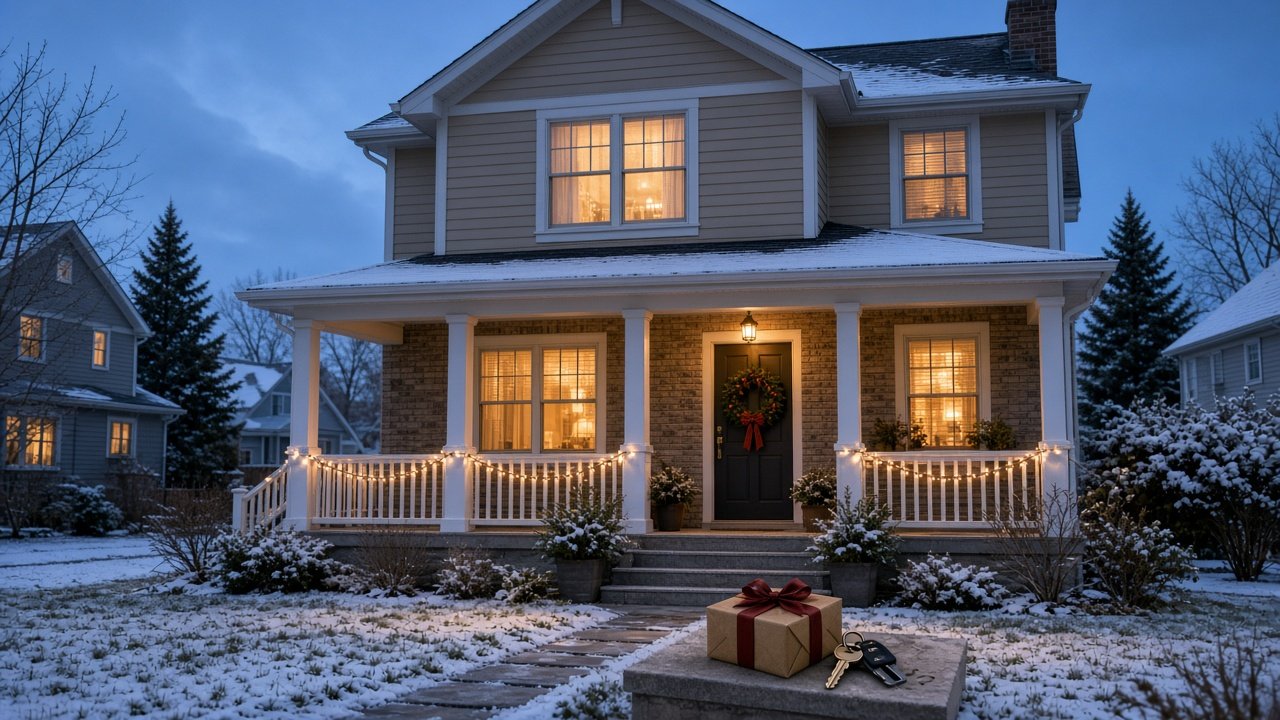 Two-story home with a light snowfall, porch string lights, a holiday wreath, and house keys on the front step, illustrating buying a home in winter